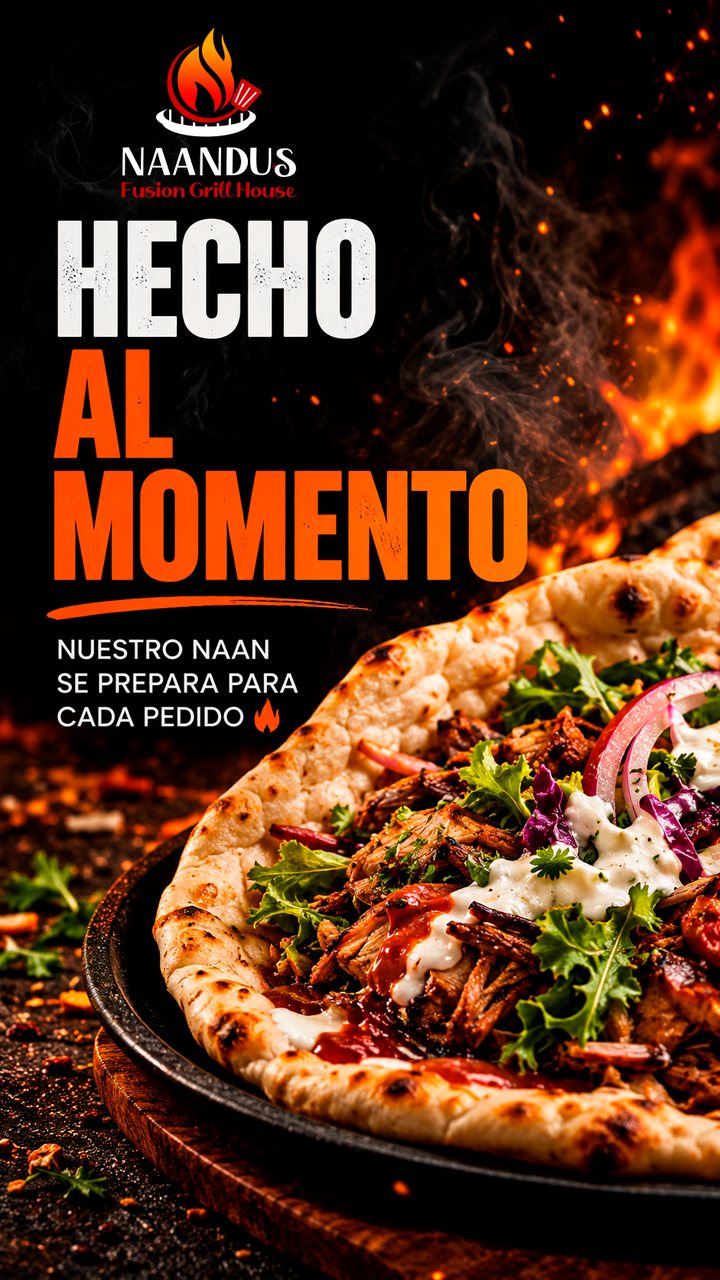 Ejemplo de anuncio de restaurante: naan recién hecho entre brasas
